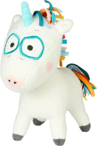 Plüsch-Einhorn mit bunten Bändern und Brille, ideal als Spielzeug oder Dekoration.