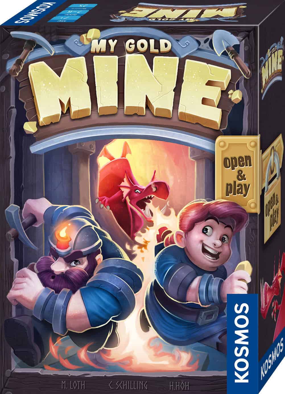 Spielbox für das Brettspiel "My Gold Mine" mit Abenteurern und Drachen.