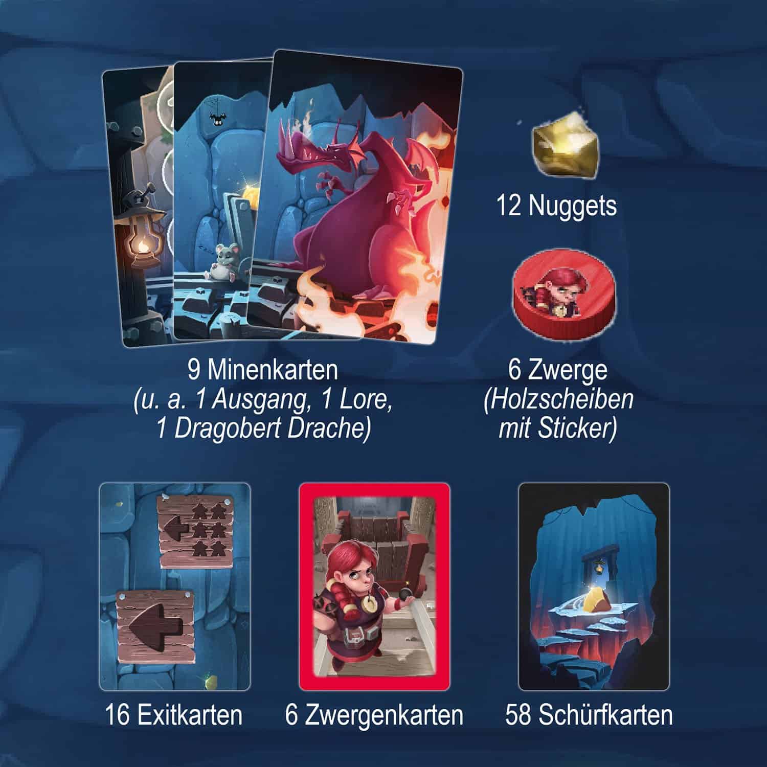 Verschiedene Spielkarten und Spielmaterialien für Brettspiele, inklusive Minenkarten, Zwergenkarten.