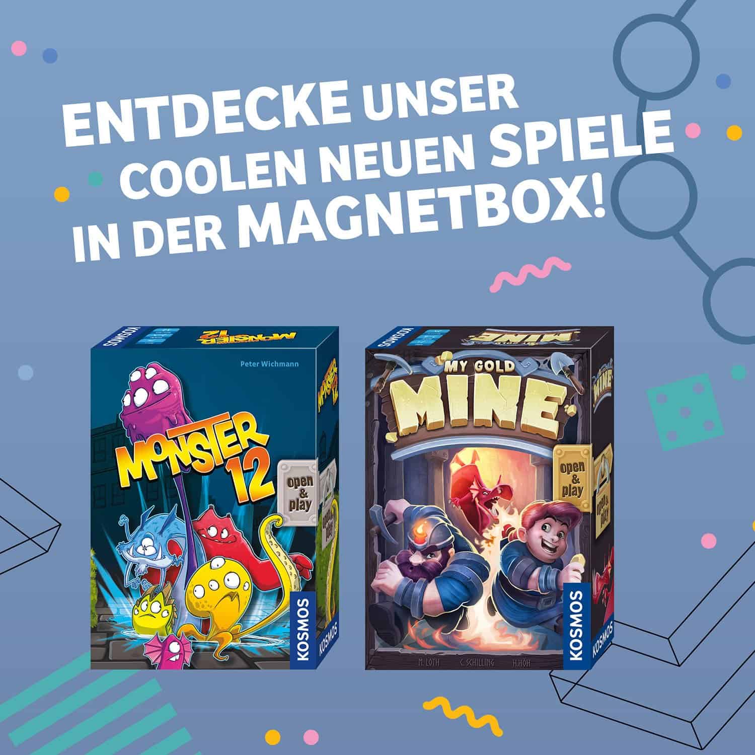 Zwei Magnetboxen mit den Spielen "Monster 12" und "My Gold Mine" auf einem blauen Hintergrund.