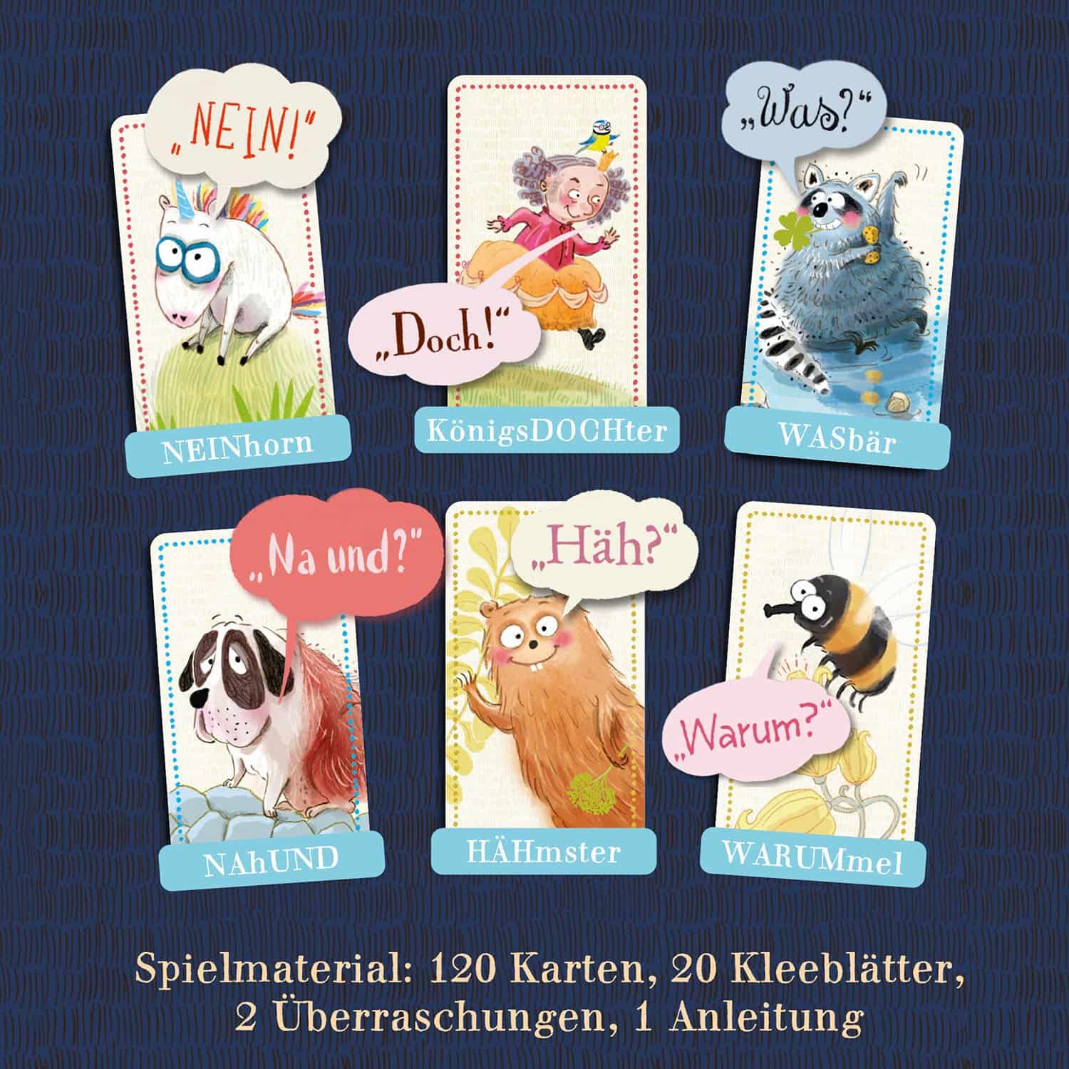 Illustration von Tieren mit Sprechblasen und humorvollen Sprüchen auf Spielkarten.