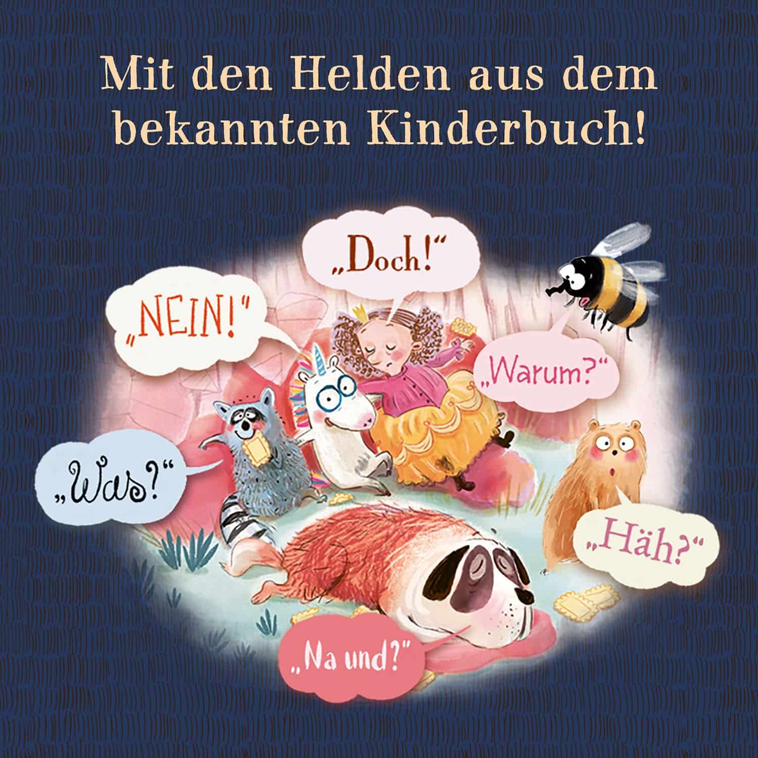Kinderbuch-Illustration mit Tieren und einer schlafenden Figur.