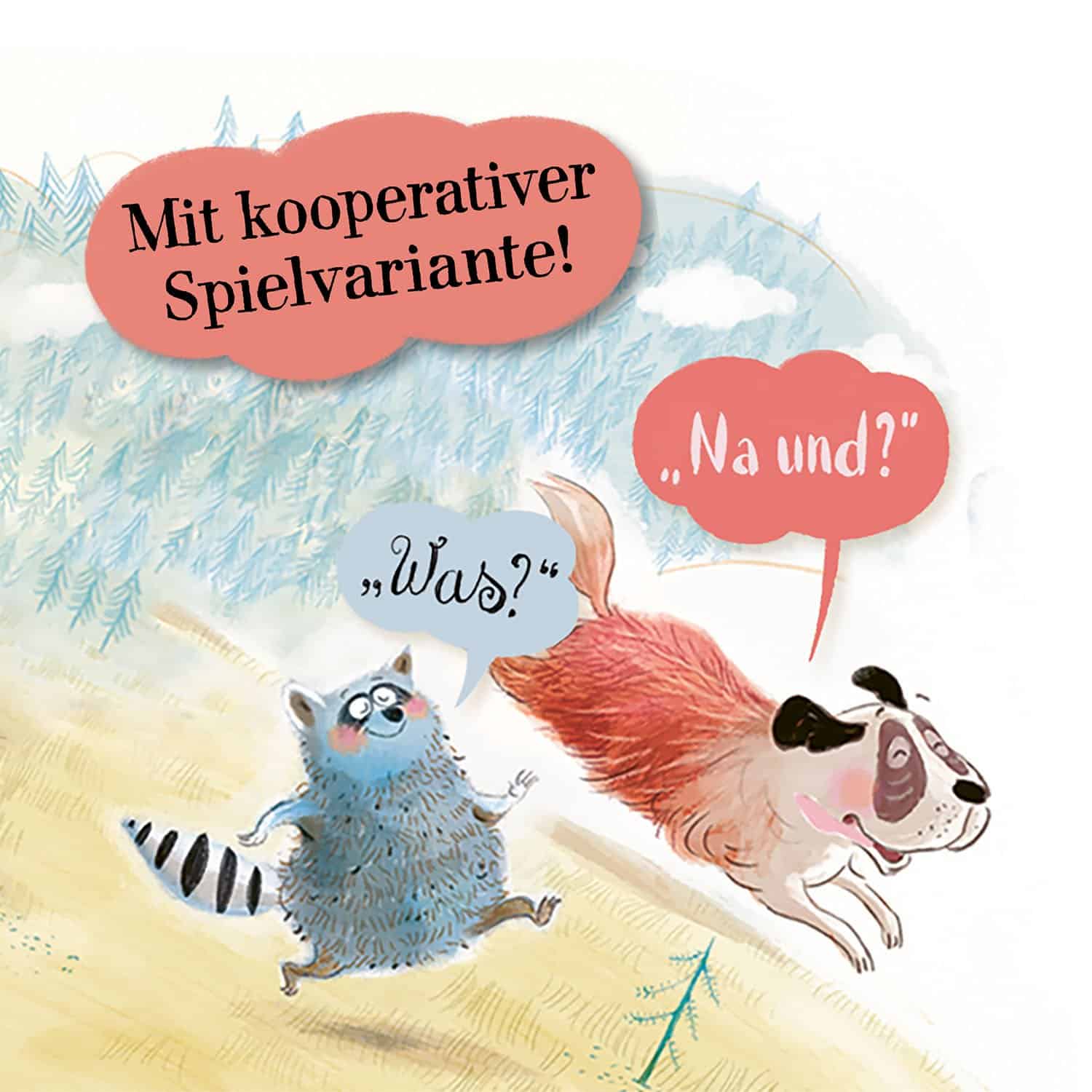 Illustration eines Waschbären und eines Hundes, die miteinander sprechen, mit Sprechblasen.