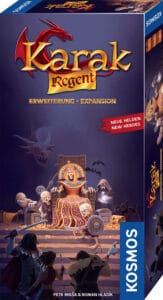 Bild zeigt die Box der Karak Regent Erweiterung mit Drachen und Spielcharakteren.