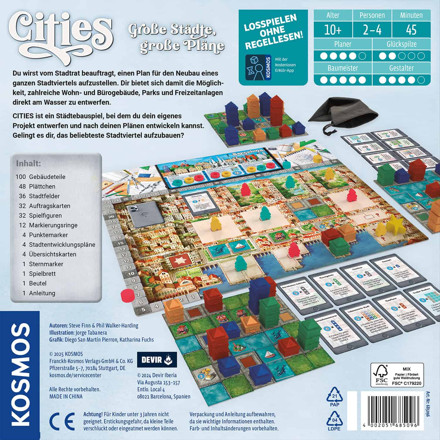 Stadtaufbau-Brettspiel mit Stadtplan, Gebäuden und Figuren.