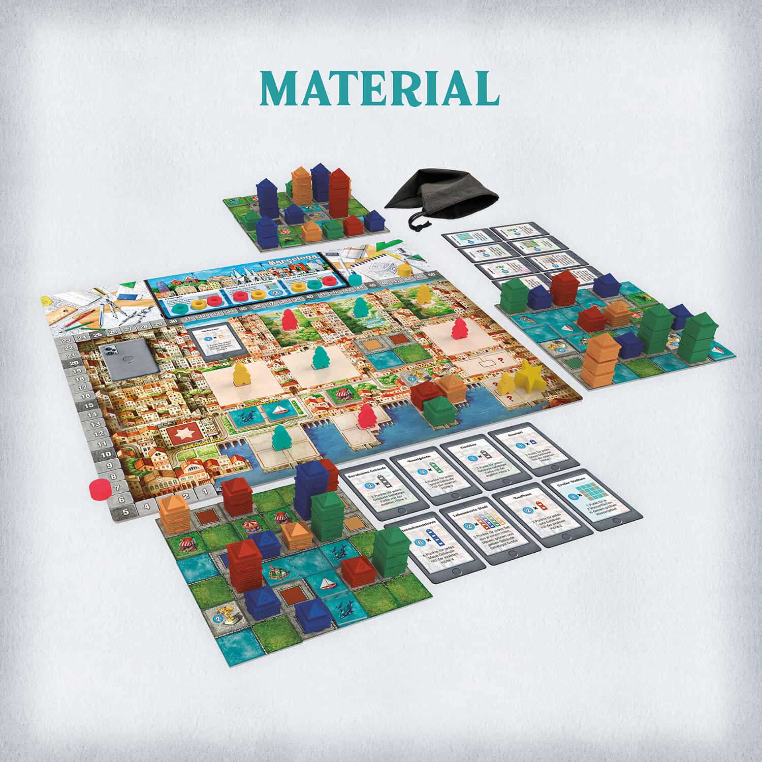 Brettspiel mit bunten Spielsteinen, Karten und Spielmaterial auf weißem Hintergrund.