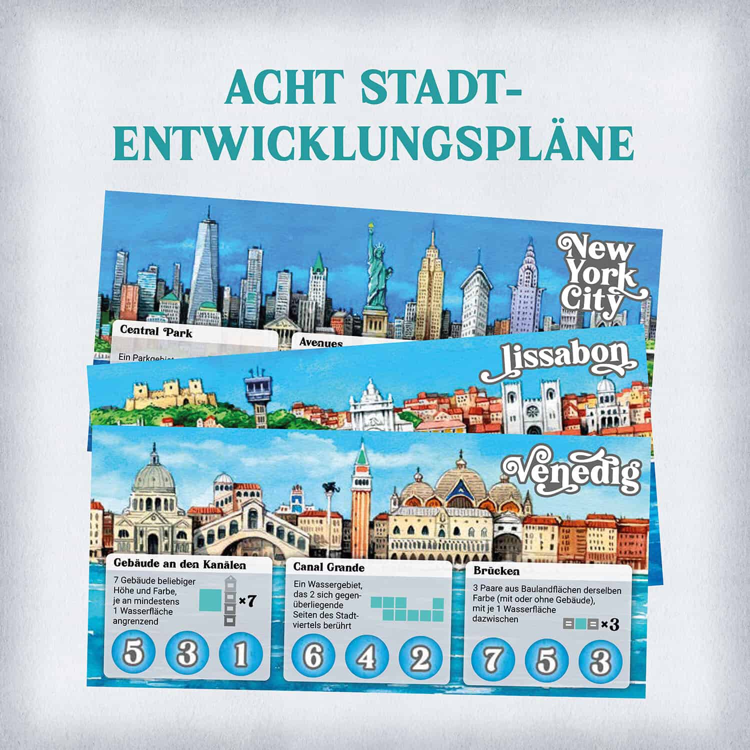 Detaillierte Stadtpläne von New York, Lissabon und Venedig mit Gebäuden und Sehenswürdigkeiten.