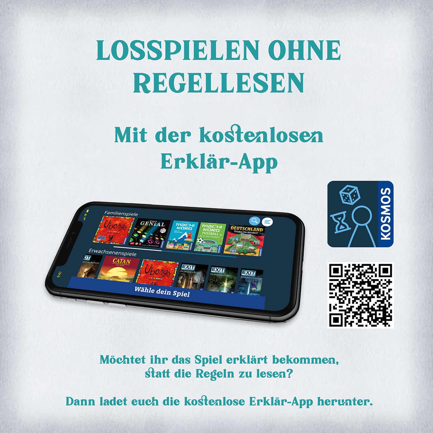 Smartphone mit Brettspielen auf dem Bildschirm, QR-Code und App-Logo.