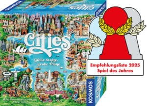 Stadtspiel Cities mit bunten Stadtbildern, Spielbox und Karte sichtbar.