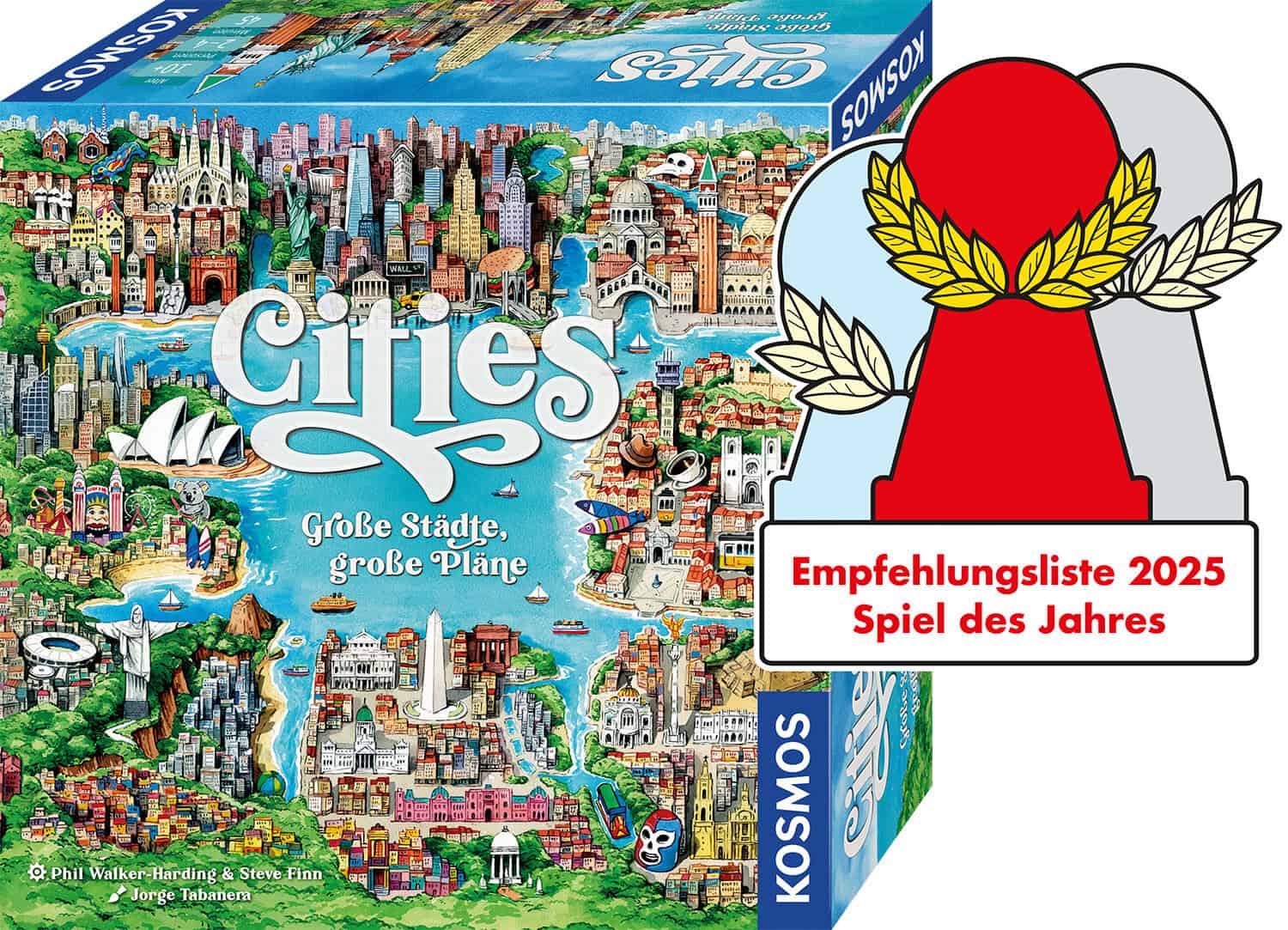 Stadtspiel Cities mit bunten Stadtbildern, Spielbox und Karte sichtbar.