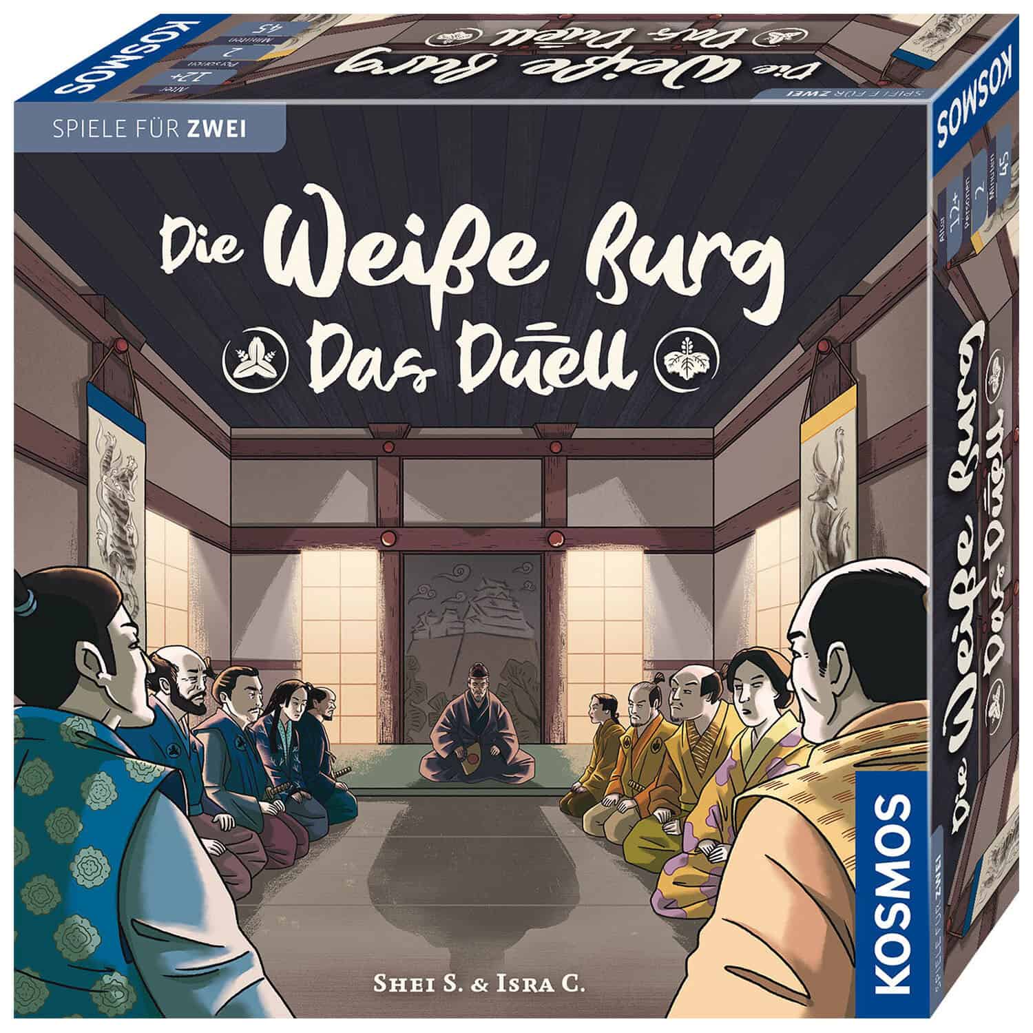 Illustration eines japanischen Spielszenarios mit Samurai und Ninjas in einem traditionellen Raum.