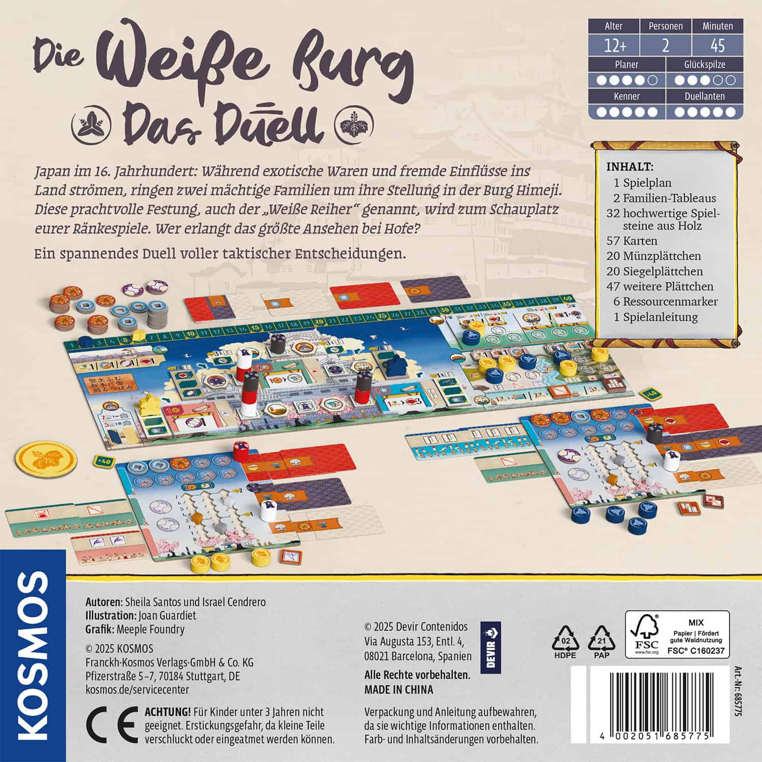 Brettspiel "Die Weiße Burg" mit Spielplan, Figuren und Spielmaterialien.