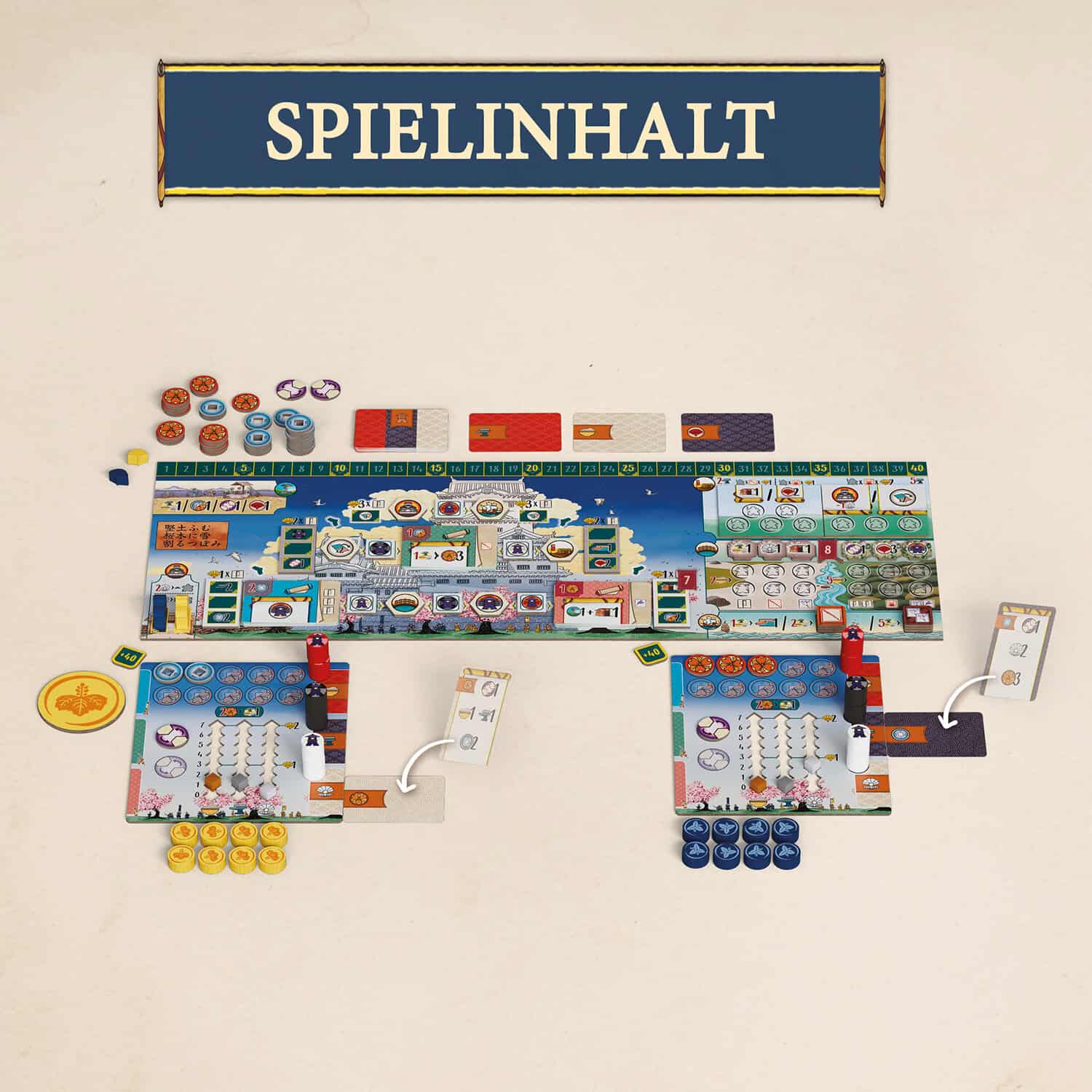 Übersicht des Spielinhalts mit Karten, Spielsteinen und Boxen auf einem Tisch.