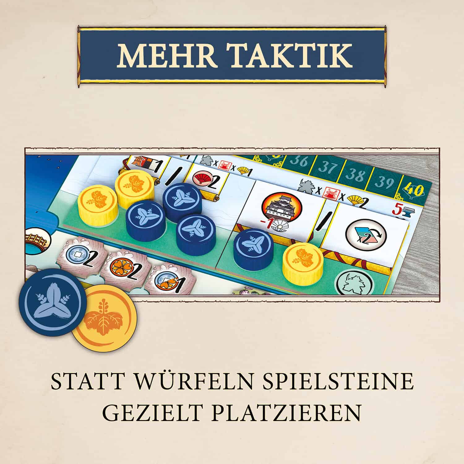Nahaufnahme eines Brettspiels mit Spielsteinen und Spielkarten, Fokus auf strategisches Platzieren.