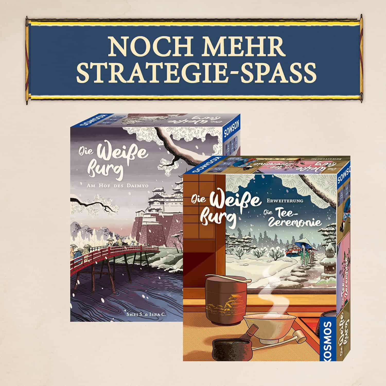Zwei Brettspiele "Die Weihe Burg" mit winterlichem Thema, im Vordergrund ein Tee-Set.