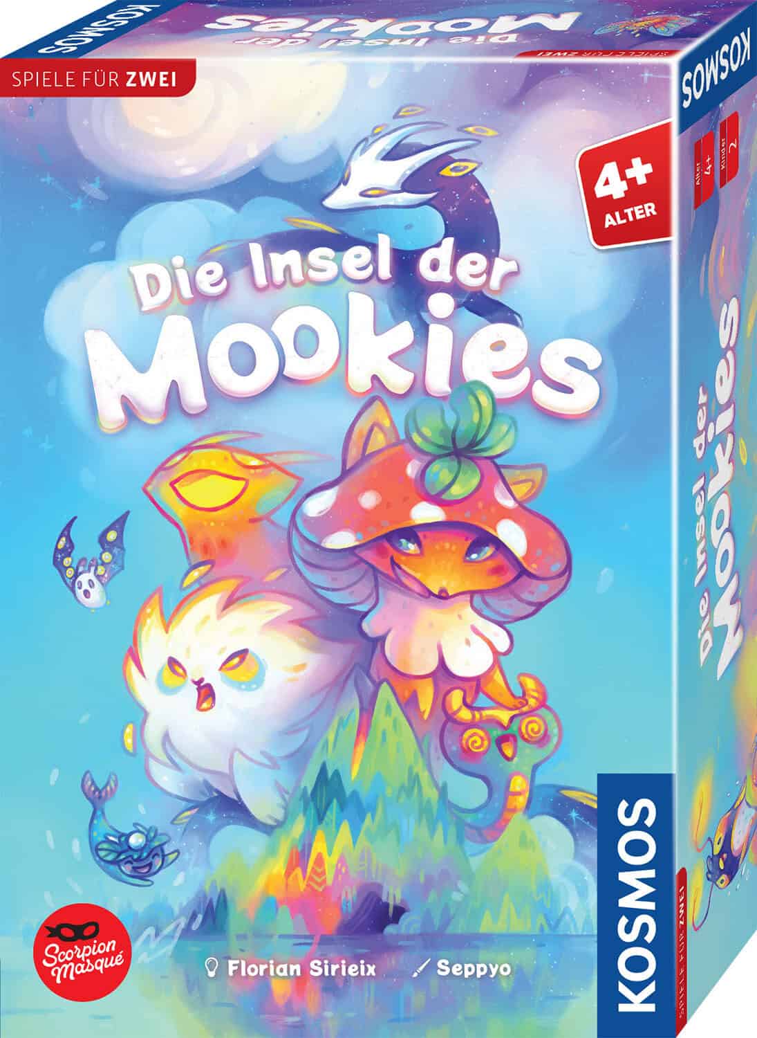 Farbige Spielbox mit Mookies, Pilz und Wasserwesen, für Kinder ab 4 Jahren.