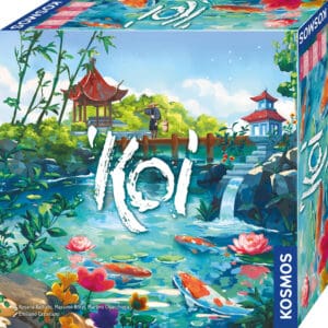 Japanisches Gartenspiel mit Wasser, Koi-Fischen und Pagoden im Garten.