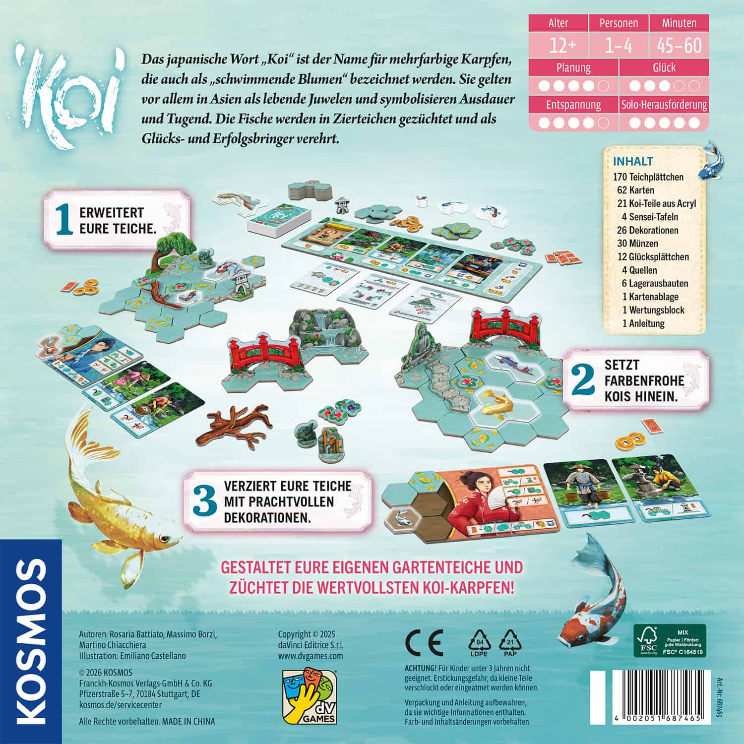 Buntes Koispielfeld mit Wasserfischen, Brücken und Spielkarten.
