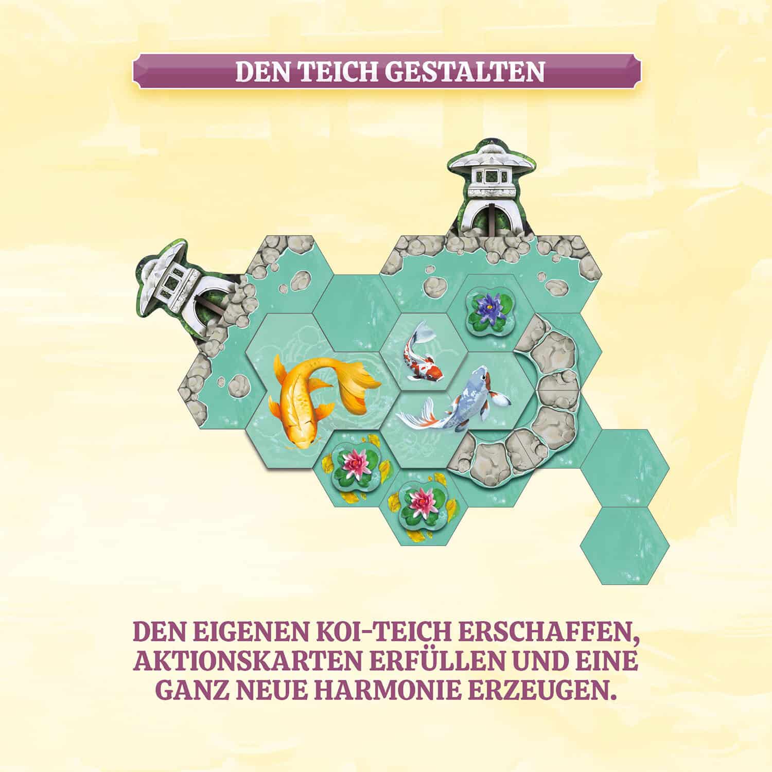 Koi-Teich mit Karpfen, Blumen und Brücken, Spielplan für Brettspiel.