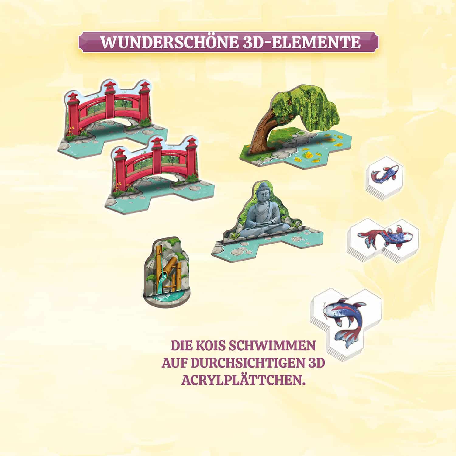 3D-Spielteile mit Drachen, Brücke und Buddha-Figur für Brettspiele.