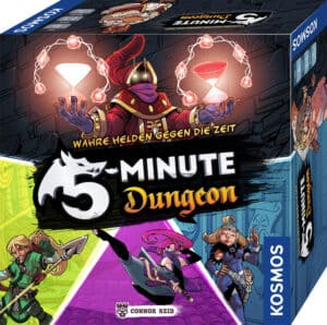 Spielbox für 5-Minuten-Dungeon mit Helden, Monstern und Zauberern.