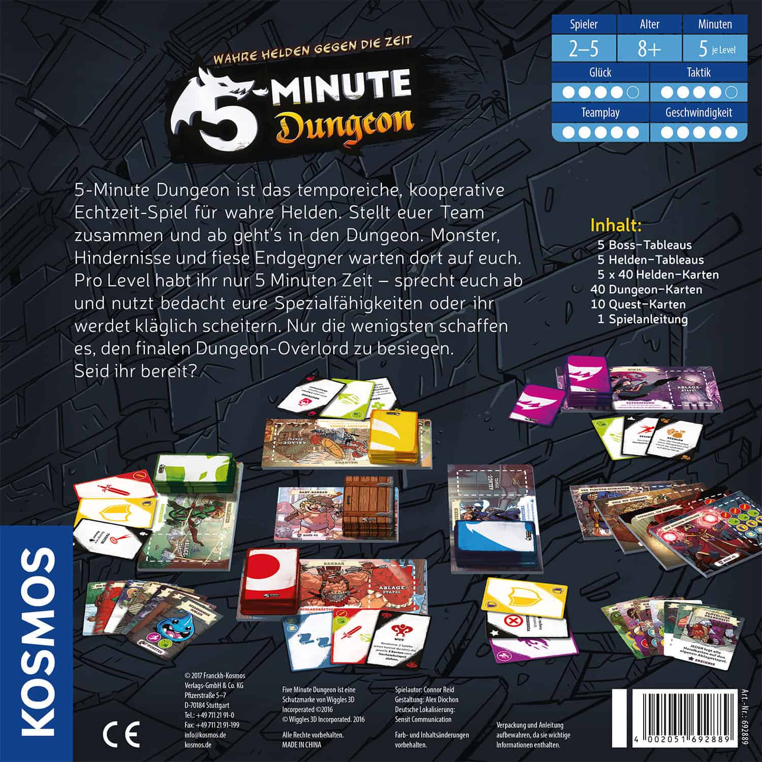 Bild zeigt das 5-Minuten-Dungeon Kartenspiel mit bunten Spielkarten und Spielboxen.