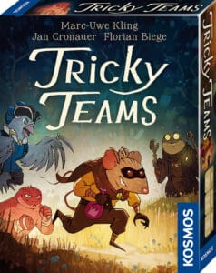 Illustration des Kartenspiels "Tricky Teams" mit tierischen Charakteren auf der Spielbox.