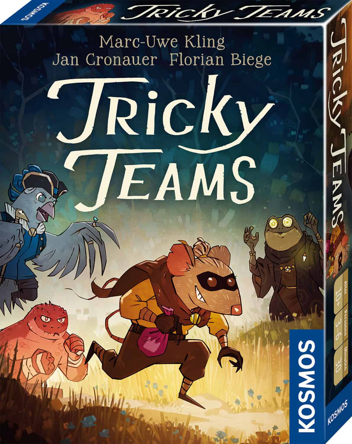 Illustration des Kartenspiels "Tricky Teams" mit tierischen Charakteren auf der Spielbox.