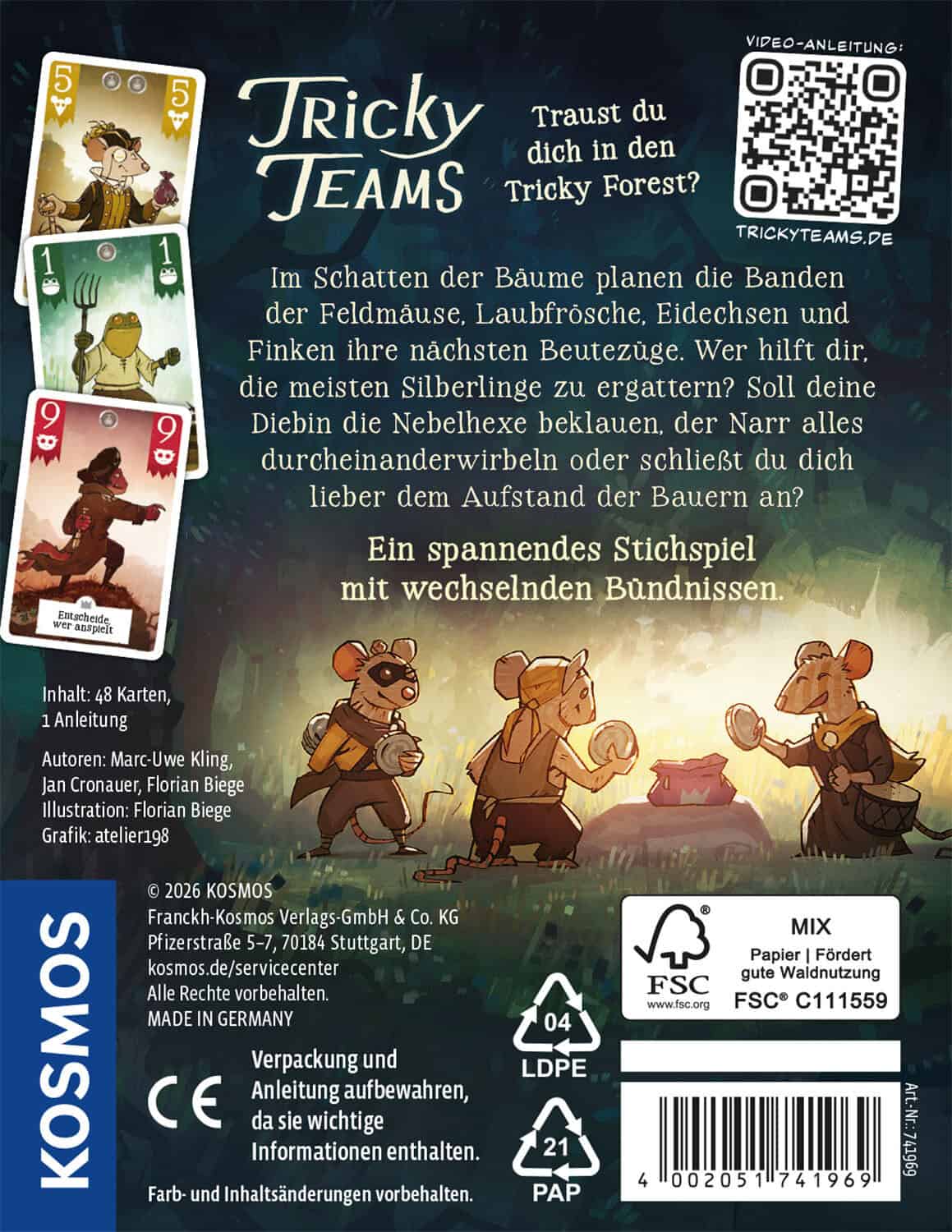 Illustration von vier Bären, die in einem Wald mit Spielzeug und Tricky Teams Karten spielen.