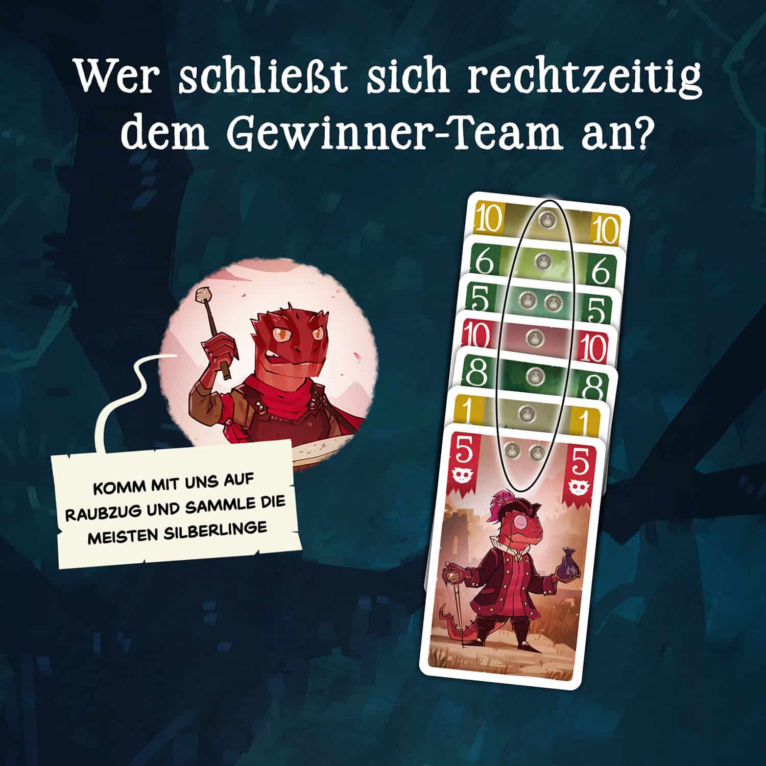 Illustration eines Spiels mit Karten, einem Dämonen und einem Hinweiszettel.