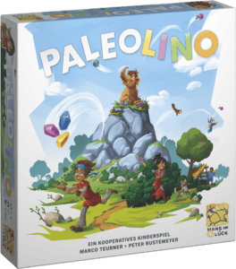 Kinder spielen Paleolino, ein kooperatives Brettspiel mit Tieren und Naturmotiven.