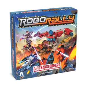 Roboter-Kampfspiel Robo Rally mit Transformers-Design, Spielbox mit Robotermodellen.