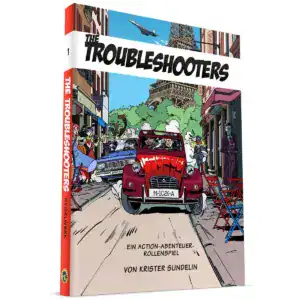 Spielbuch "The Troubleshooters" mit Auto und Stadtansicht, Brettspiele, Kartons.
