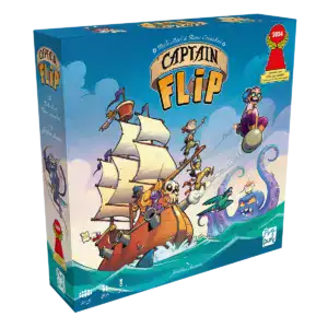Kinder spielen mit dem Captain Flip Brettspiel, Piratenschiff und Meerestiere auf dem Spieltisch.