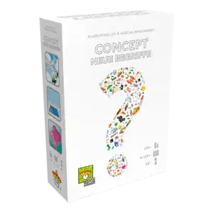 Konzept-Box mit bunten Symbolen und Fragezeichen, für Brettspiele und Spieleentwicklung.