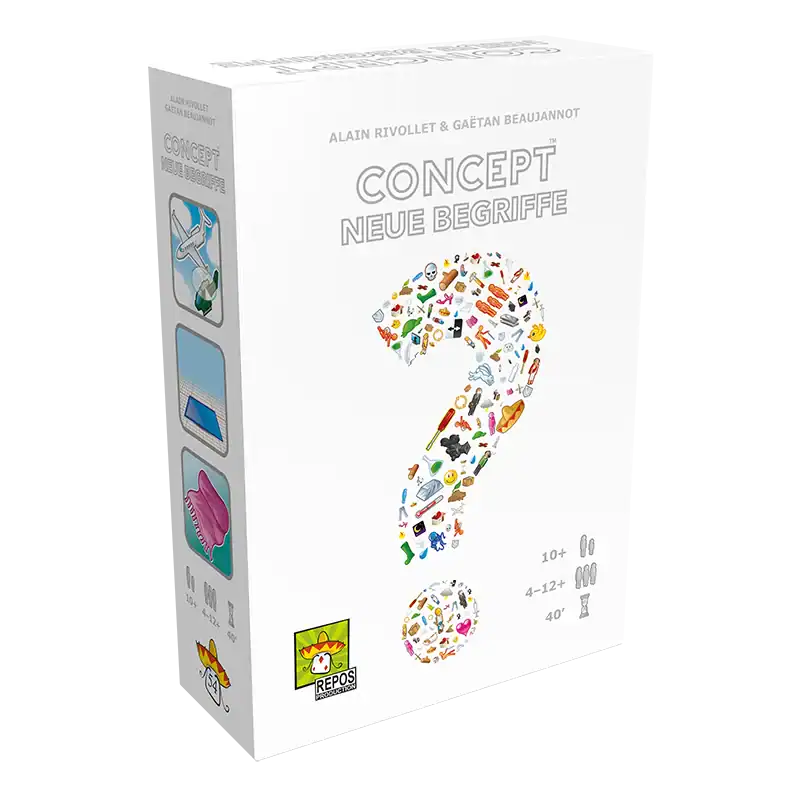 Konzept-Box mit bunten Symbolen und Fragezeichen, für Brettspiele und Spieleentwicklung.