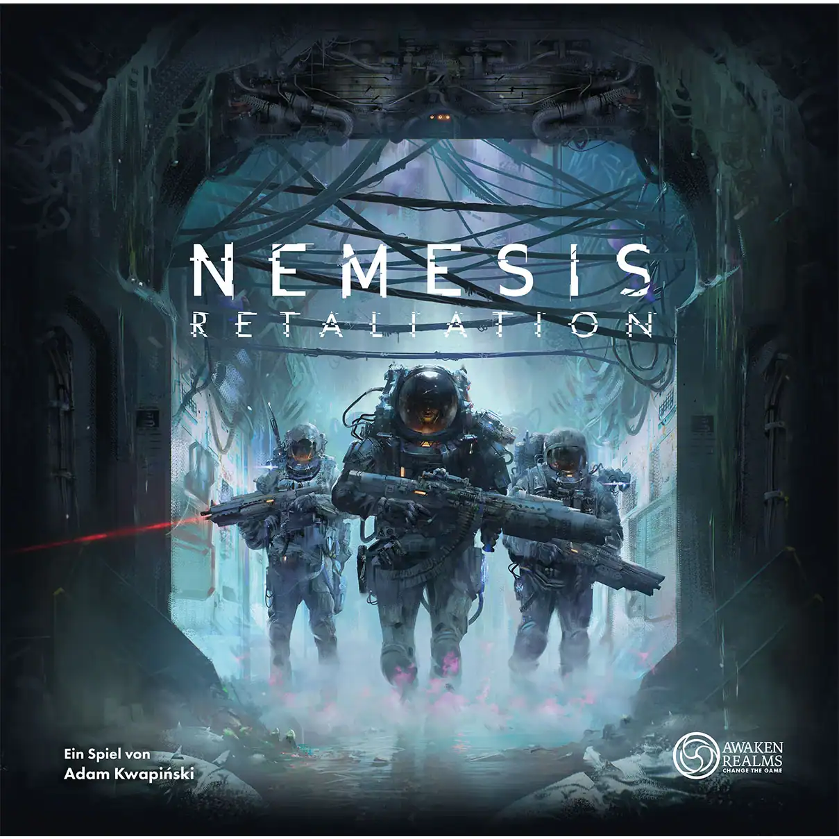 Sci-Fi Brettspiel "Nemesis Retaliation" mit Raumstation und Soldaten auf dem Cover.