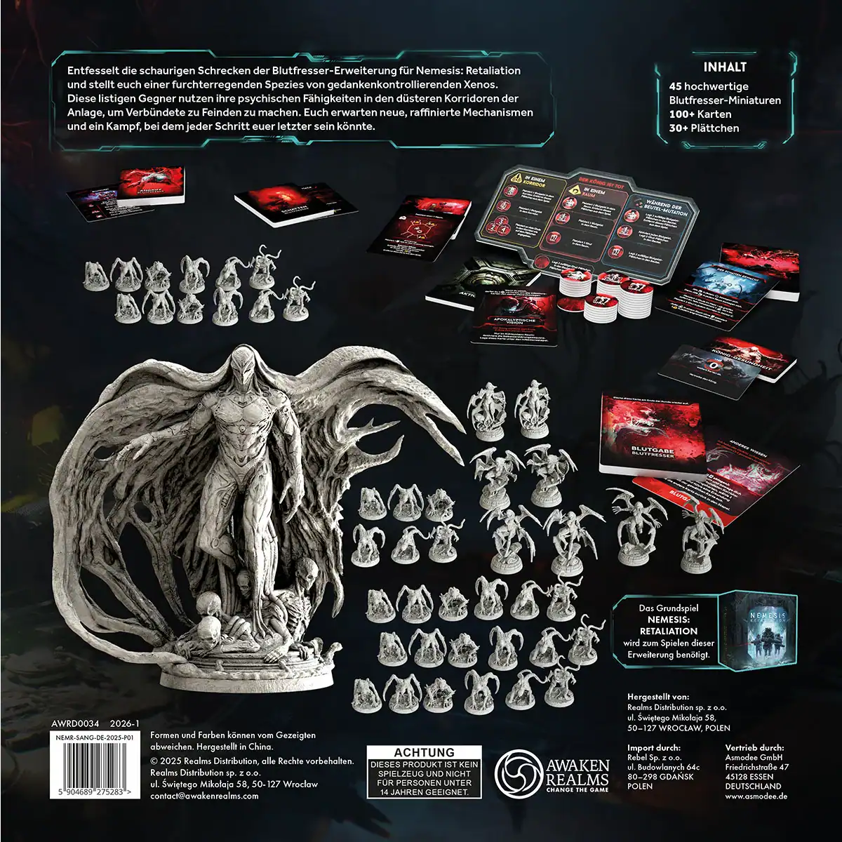 Brettspiel mit Miniaturen, Karten und Spielmaterialien auf schwarzem Tisch.