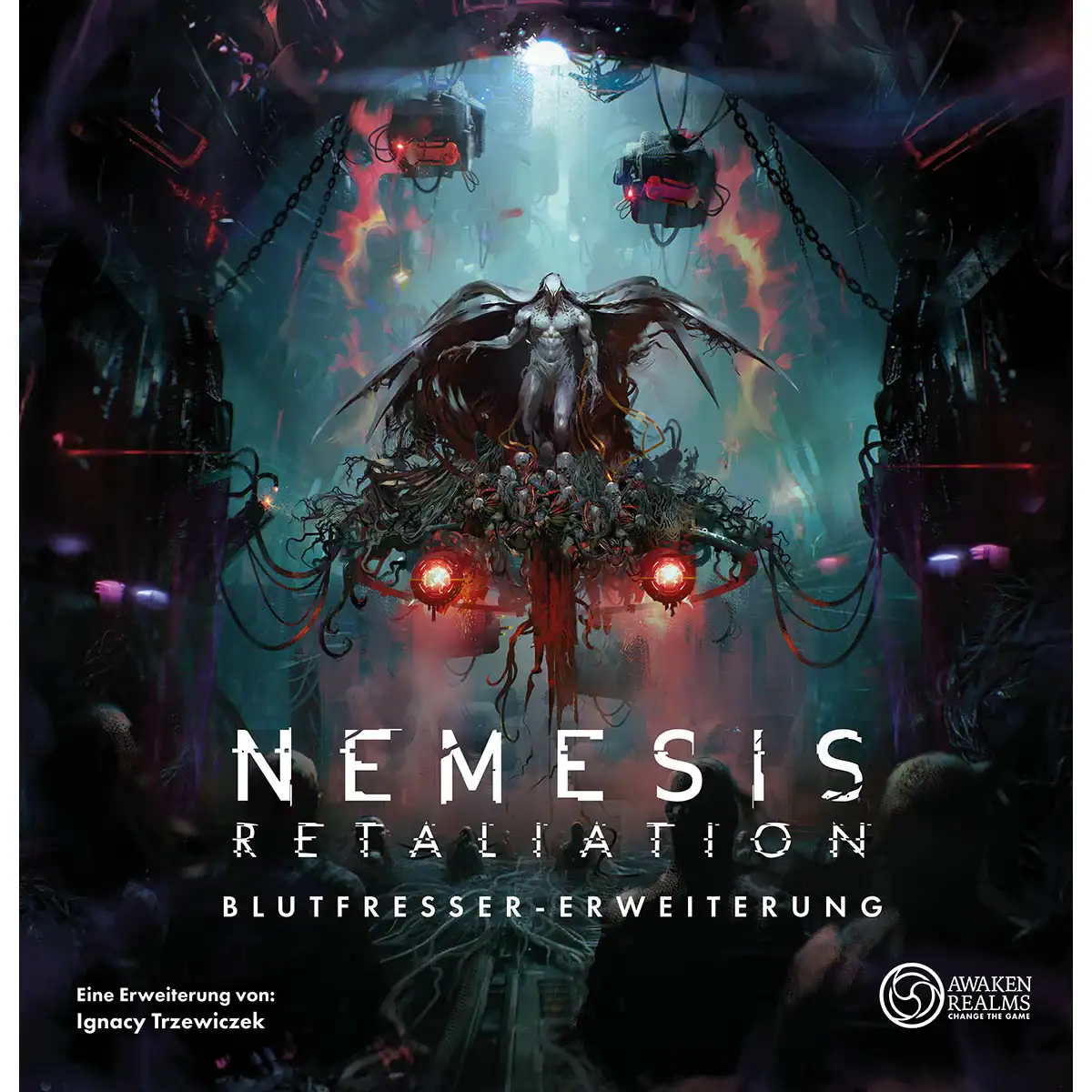 NEMESIS RETALIATION Erweiterung für das Brettspiel, mit düsterer, futuristischer Illustration.