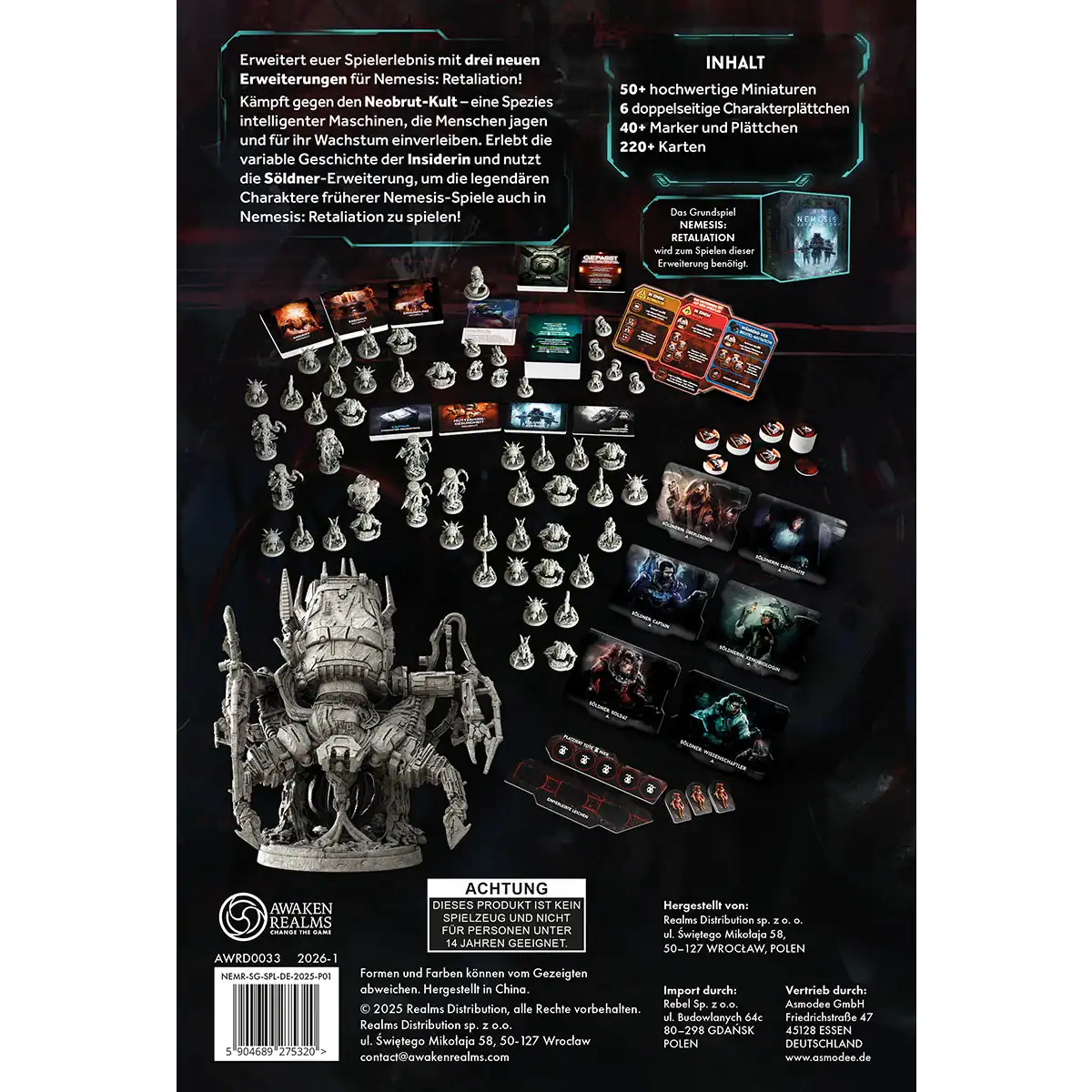 Brettspiel-Erweiterung "Nemesys: Retaliation" mit Miniaturen, Karten und Spielmaterial.