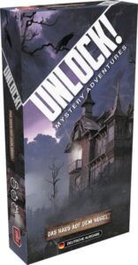 Unheimliches Geisterhaus mit dunklem Himmel und Baum, Spielbox für Mystery-Adventure.