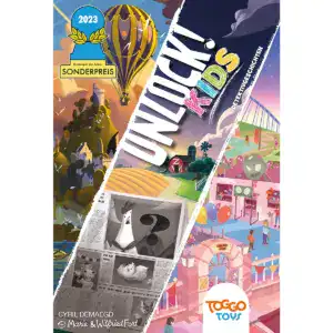 Buntes Cover des Kinderbuchs "Unlock! Kids" mit Spielbox und Figuren.
