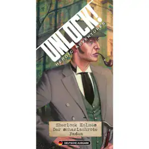 Brettspiel "Sherlock Holmes: Der scharlachrote Faden" mit Karton und Spielmaterialien.