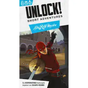 Brettspiel Unlock! Short Adventures mit Masken-Design und Kartenspiel-Elementen.