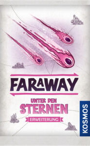 Illustration von fallenden Sternschnuppen und Raumschiffen auf Spielkarten.