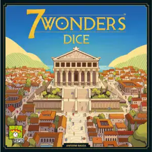 Spielbox mit antiker Tempelanlage und Stadtansicht im Hintergrund.