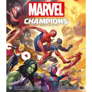 Cover des Kartenspiels Marvel Champions mit Spider-Man und anderen Helden.