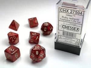 Rote und goldene Polyhedral Würfel für Brettspiele.