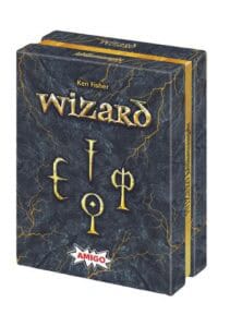 Kartenspiel-Box mit Zauber- und Magie-Symbolen, dunkler Hintergrund.