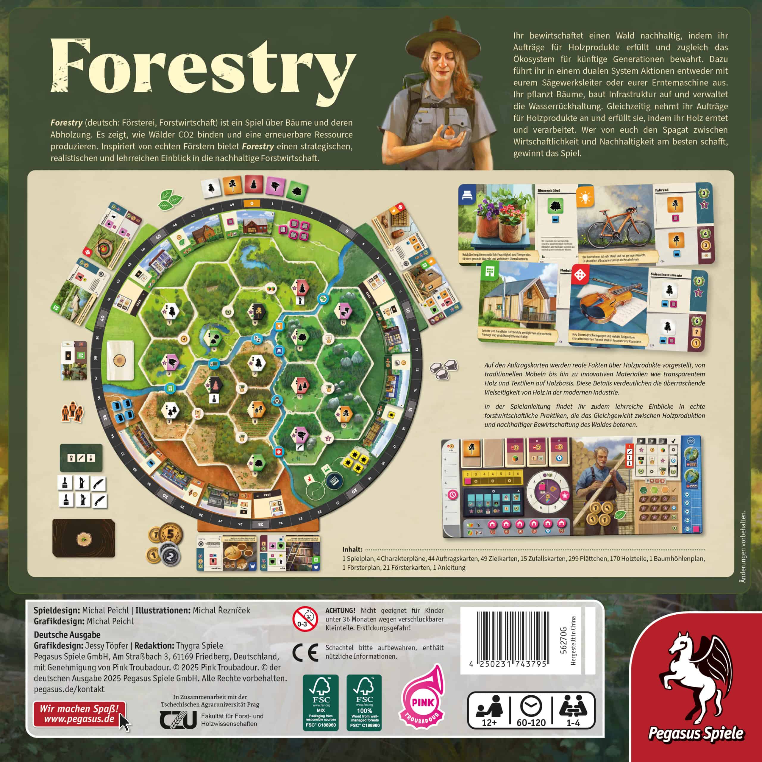 Brettspiel Forestry mit Spielplan, Karten und Spielfiguren.